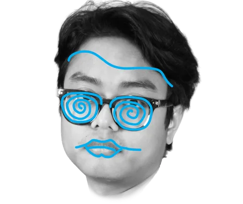 Portrait of Adith with a playful cyan drawing